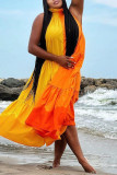 Orange Yellow Fashion Casual Solid Patchwork Contrast Mandarin Collar Sleeveless Dress