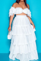 White Sexy Solid Patchwork Fold Off the Shoulder Short Sleeve Two Pieces