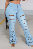Blue Casual Solid Ripped Patchwork High Waist Denim Jeans