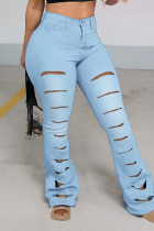 Baby Blue Casual Solid Ripped Patchwork High Waist Denim Jeans
