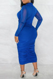 Blue Sexy Solid Hollowed Out Patchwork Pencil Skirt Dresses