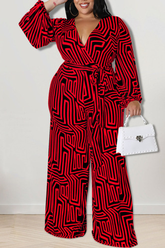 Red Casual Print Bandage Patchwork V Neck Plus Size Jumpsuits