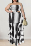 Red Sexy Striped Print Hollowed Out Patchwork Strapless Cake Skirt Plus Size Dresses