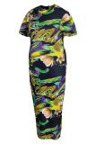 Green Sexy Print Patchwork O Neck One Step Skirt Plus Size Dresses