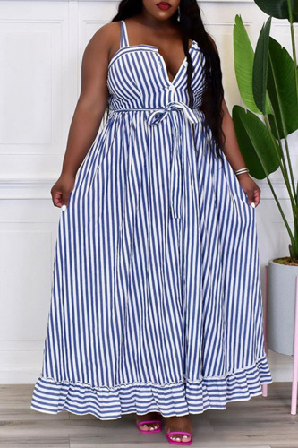 Blue Casual Sweet Striped Print Patchwork Buckle Spaghetti Strap Sling Dress Dresses