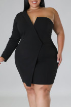 Black Sexy Solid Patchwork Asymmetrical Evening Dress Plus Size Dresses