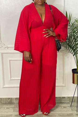 Red Fashion Casual Solid Patchwork See-through V Neck Long Sleeve Two Pieces