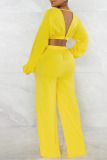 Yellow Sexy Solid Patchwork Backless V Neck Long Sleeve Two Pieces