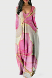 Fuchsia Fashion Casual Print Patchwork V Neck Long Sleeve Dresses