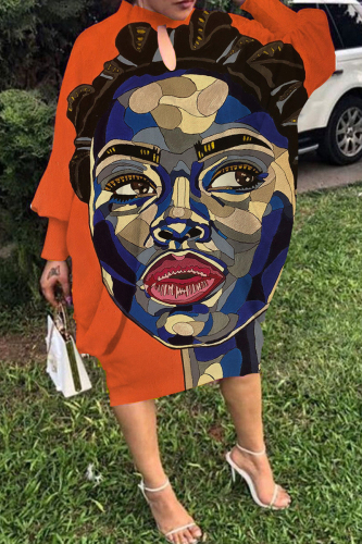 Orange Fashion Print Hollowed Out Round Neck Long Sleeve Dress