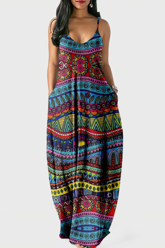 Rose Red Blue Fashion Sexy Print Backless Spaghetti Strap Long Dress