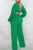 Green Sexy Solid Patchwork Backless V Neck Long Sleeve Two Pieces