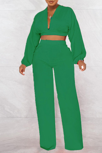 Green Sexy Solid Patchwork Backless V Neck Long Sleeve Two Pieces