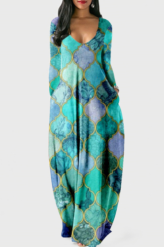 Cyan Fashion Casual Print Patchwork V Neck Long Sleeve Dresses