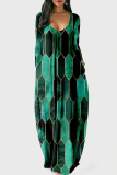 Black Green Fashion Casual Print Patchwork V Neck Long Sleeve Dresses