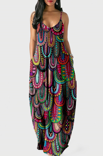Multicolor Fashion Sexy Print Backless Spaghetti Strap Long Dress
