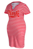 Red Casual Striped Print Patchwork V Neck Straight Plus Size Dresses