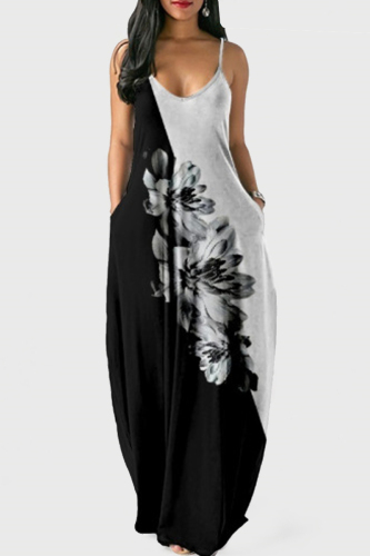 Black White Fashion Sexy Print Backless Spaghetti Strap Long Dress