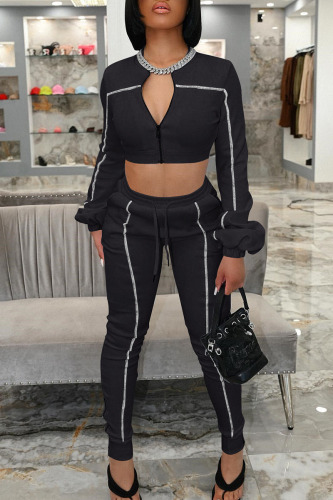 Black Casual Solid Patchwork Long Sleeve Two Pieces