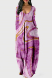 Fuchsia Fashion Casual Print Patchwork V Neck Long Sleeve Dresses