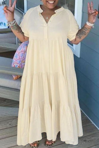 Apricot Casual Solid Patchwork Fold Turndown Collar Straight Plus Size Dresses