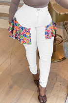 White Casual Solid Patchwork Patch High Waist Denim Jeans
