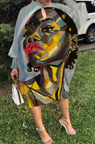 Grayish Yellow Fashion Print Hollowed Out Round Neck Long Sleeve Dress