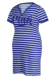 Dark Brown Casual Striped Print Patchwork V Neck Straight Plus Size Dresses