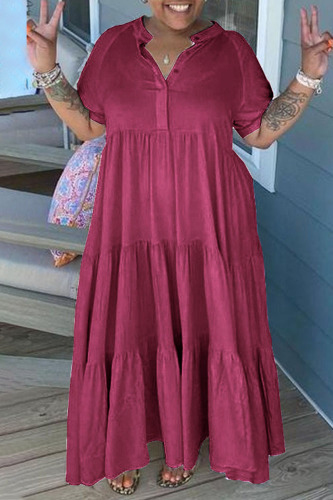 Burgundy Casual Solid Patchwork Fold Turndown Collar Straight Plus Size Dresses
