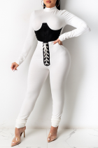 White Sexy Solid Draw String Half A Turtleneck Long Sleeve Two Pieces