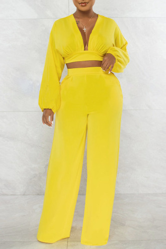 Yellow Sexy Solid Patchwork Backless V Neck Long Sleeve Two Pieces