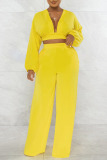 Yellow Sexy Solid Patchwork Backless V Neck Long Sleeve Two Pieces