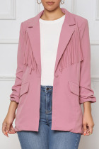Pink Casual Solid Tassel Patchwork Buttons Turn-back Collar Outerwear