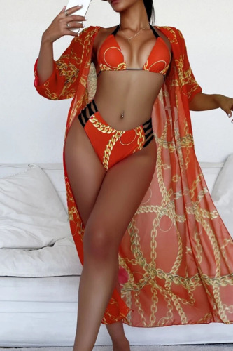 Tangerine Red Sexy Print Bandage Patchwork 3 Piece Sets