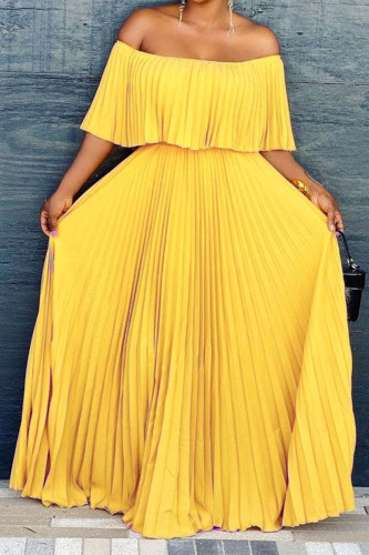 Yellow Casual Elegant Solid Patchwork Fold Off the Shoulder Straight Dresses