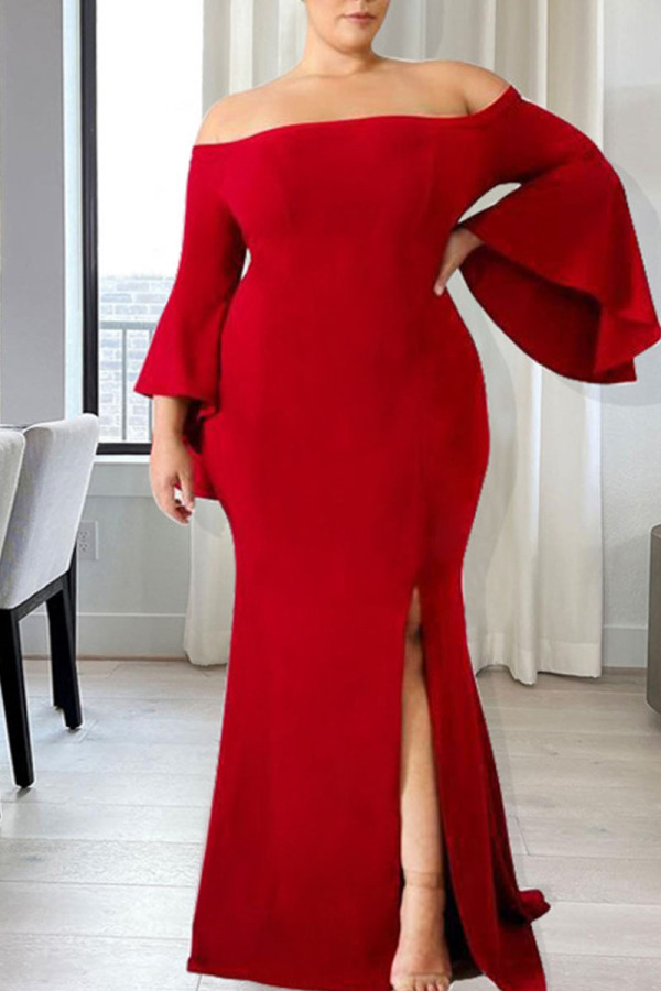 Red Sexy Solid Patchwork Slit Off the Shoulder Evening Dress Plus Size Dresses