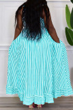 Blue Casual Sweet Striped Print Patchwork Buckle Spaghetti Strap Sling Dress Dresses
