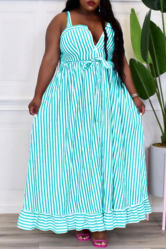 Sky Blue Casual Sweet Striped Print Patchwork Buckle Spaghetti Strap Sling Dress Dresses