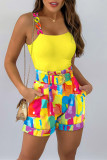 Yellow Fashion Casual Print Patchwork With Belt Spaghetti Strap Sleeveless Two Pieces