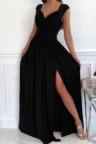 Black Casual Solid Patchwork Slit V Neck Dresses