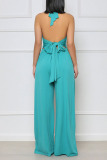 Blue Sexy Solid Bandage Patchwork Backless Straight Jumpsuits