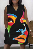 Red Yellow Fashion Casual Print Patchwork V Neck Sleeveless Plus Size Dress