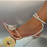 White Fashion Patchwork Pearl Pointed Shoes