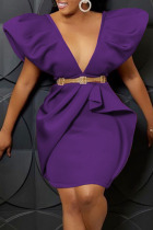 Purple Sexy Solid Patchwork Flounce Fold V Neck Evening Dress Plus Size Dresses
