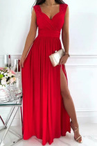 Red Casual Solid Patchwork Slit V Neck Dresses