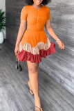 Orange Fashion Casual Print Patchwork O Neck Short Sleeve Dress