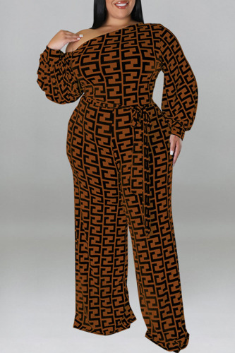 Dark Brown Casual Print Bandage Patchwork Oblique Collar Plus Size Jumpsuits