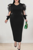 Black Casual Solid Patchwork O Neck Straight Plus Size Dresses