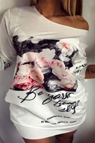White Pink Casual Print Patchwork Off the Shoulder One Step Skirt Dresses