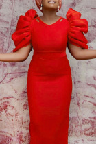 Red Elegant Solid Patchwork V Neck Evening Dress Dresses